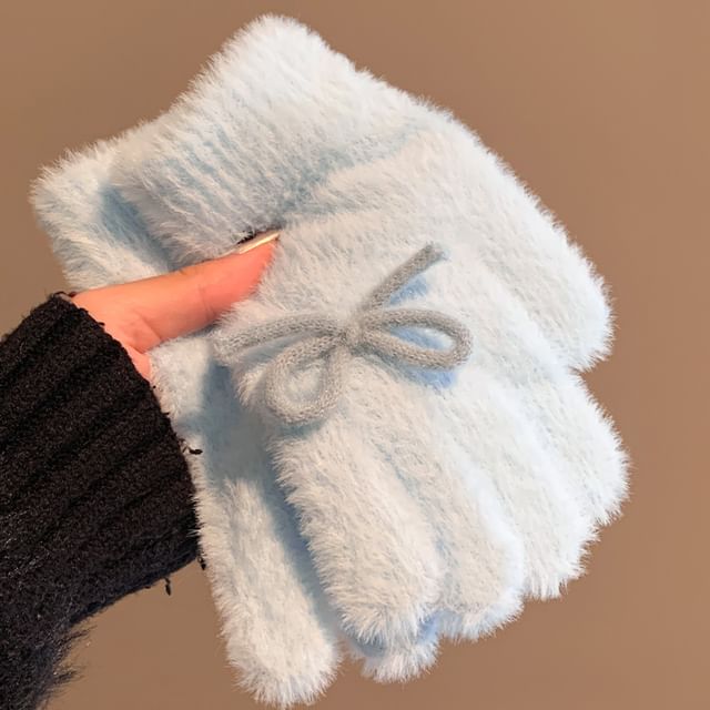 Gloves Knit Fluffy Bow