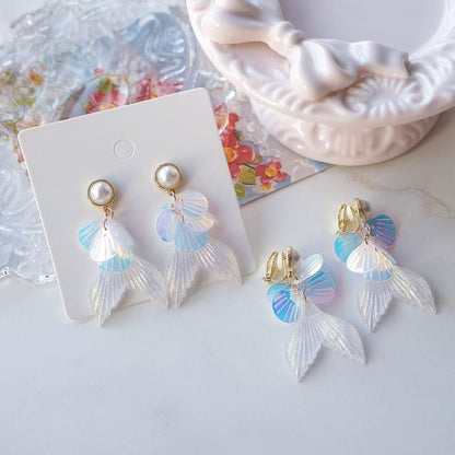 / Faux Mermaid Tail Earring Pearl Drop Clip-On