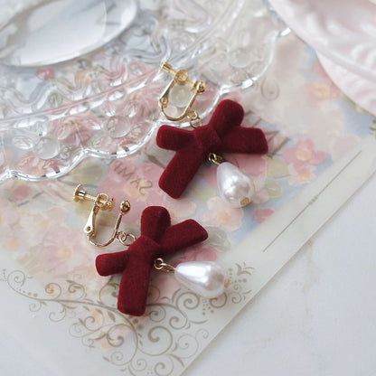 Hook / Drop Bow Pearl Clip-On Faux Earring