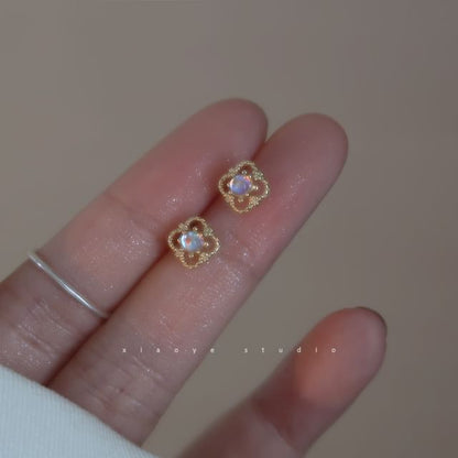 Sterling Earring Silver Stud Clover S925 Rhinestone