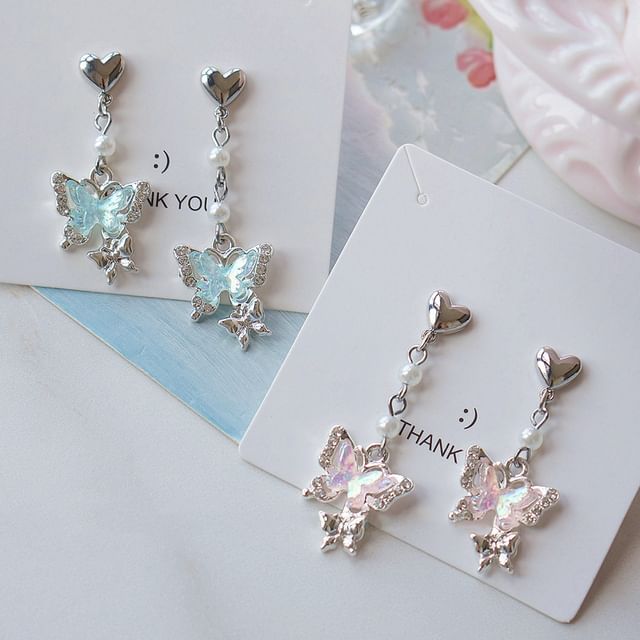 Drop / On Clip Earring Butterfly Rhinestone