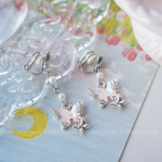 Drop / On Clip Earring Butterfly Rhinestone