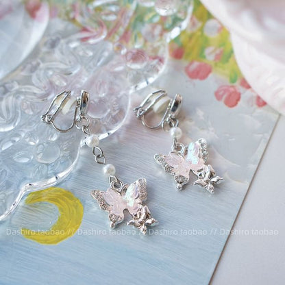 Drop / On Clip Earring Butterfly Rhinestone