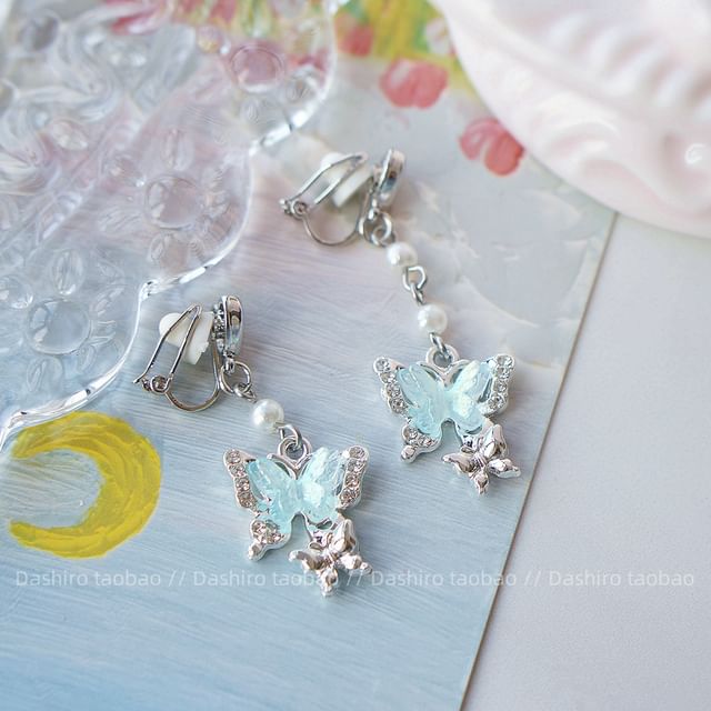 Drop / On Clip Earring Butterfly Rhinestone