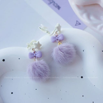 Clip Earring Drop On Pom Stud /