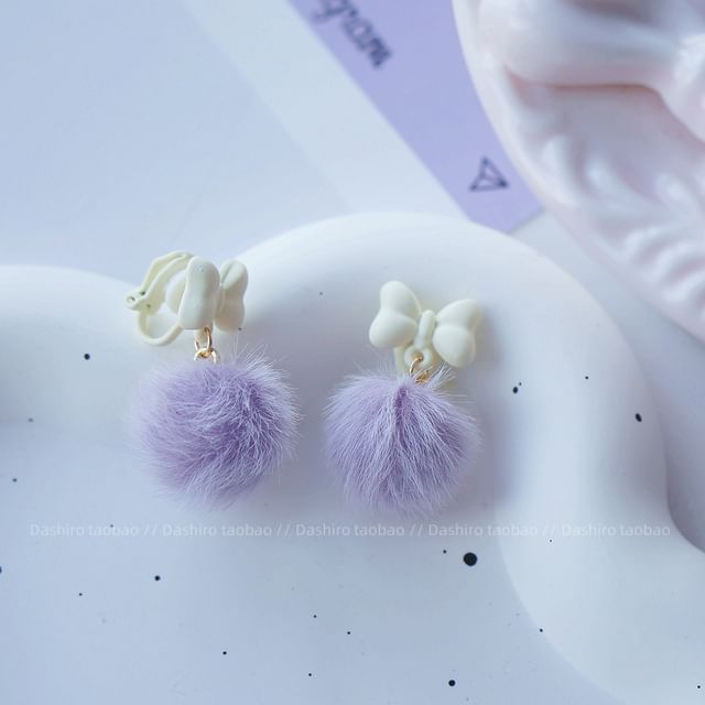 Clip Earring Drop On Pom Stud /