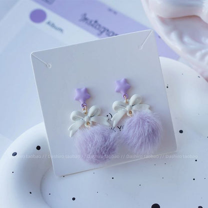 Clip Earring Drop On Pom Stud /