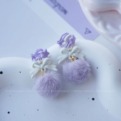 Clip Earring Drop On Pom Stud /