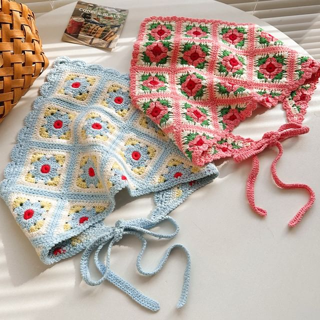 Plaid Scarf Floral Knit Triangle Head