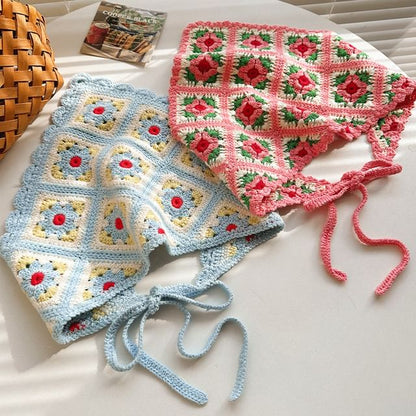 Plaid Scarf Floral Knit Triangle Head