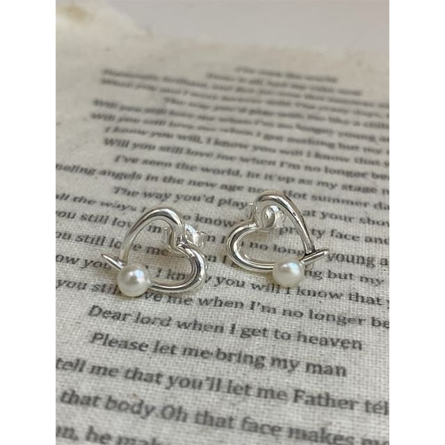 Silver 925 Faux Earring Sterling Heart Pearl Stud