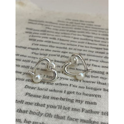 Silver 925 Faux Earring Sterling Heart Pearl Stud