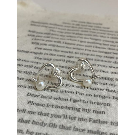 Silver 925 Faux Earring Sterling Heart Pearl Stud