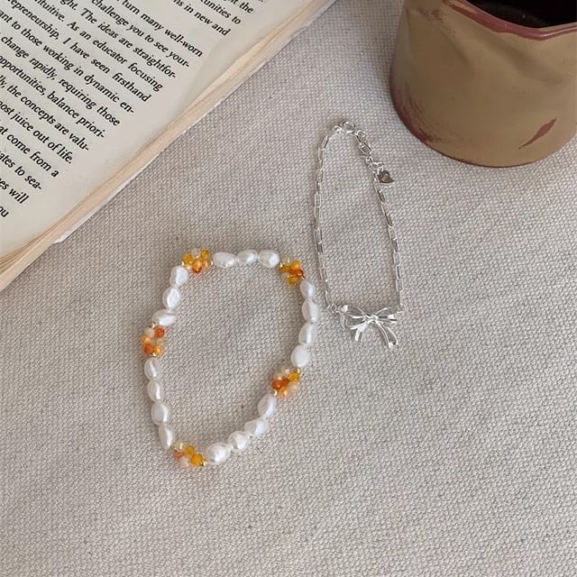 Pearl 925 Natural Silver Bow Beaded / Sterling Bracelet