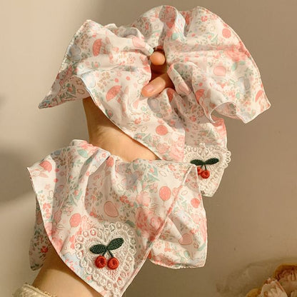 Square Print Cherry Applique Scrunchie Floral