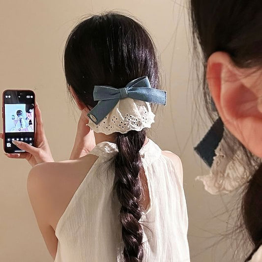 Denim Panel Ruffle Hair Bow Clip