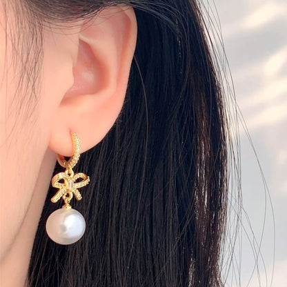 Huggie Pearl Drop Faux Earring Rhinestone Bow