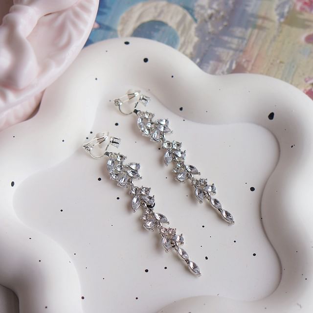 Rhinestone Drop Earring / Leaf Clip-On
