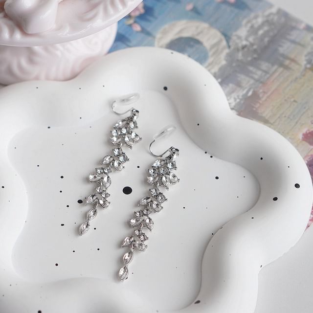 Rhinestone Drop Earring / Leaf Clip-On