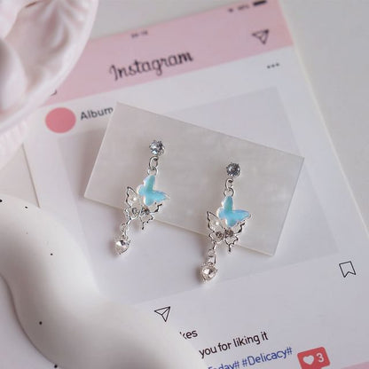 Clip-On Drop Faux Rhinestone Pearl Earring Butterfly /