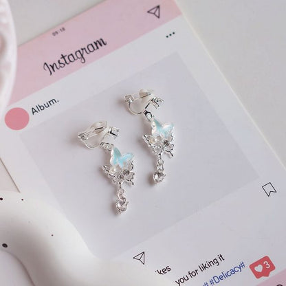 Clip-On Drop Faux Rhinestone Pearl Earring Butterfly /