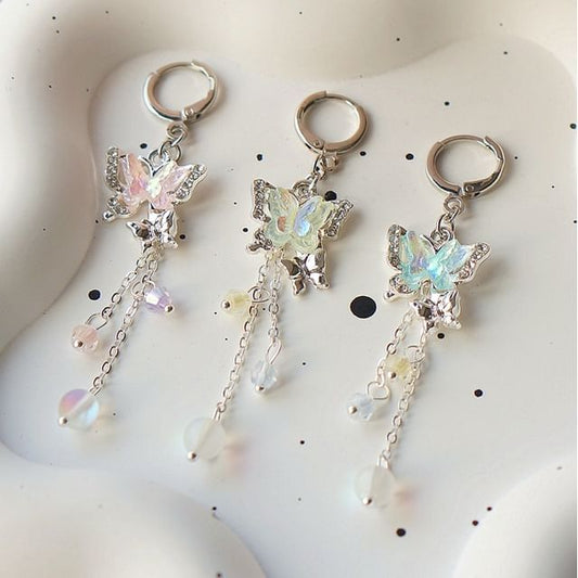 Earring Butterfly 925 Bead Drop Clip-On Sterling Silver /