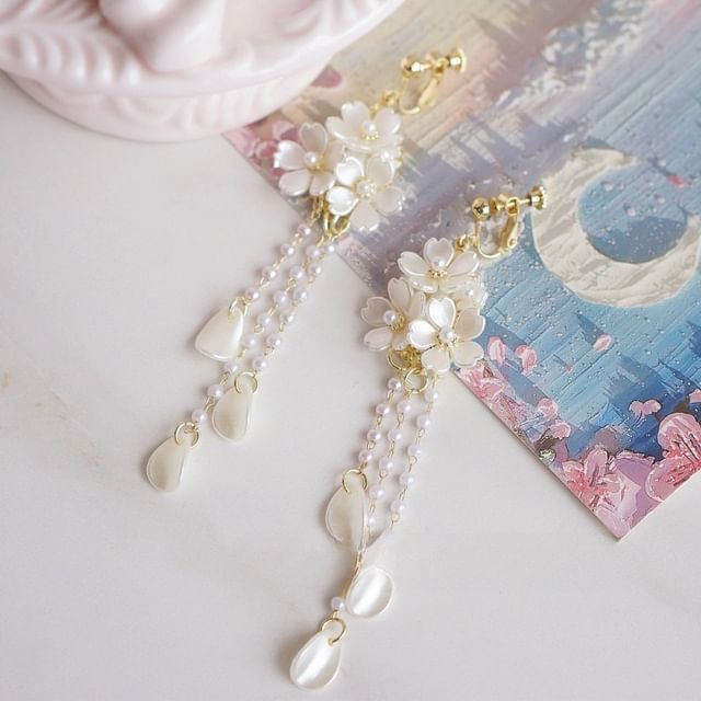 Silver Faux Drop Pearl Sterling Flower Clip-On Earring / 925