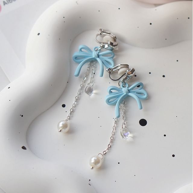 925 Bow Earring Silver Pearl Drop Faux Sterling Clip-On /