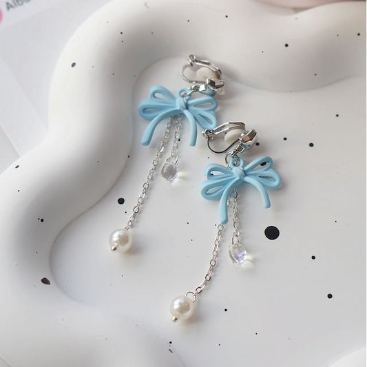 925 Bow Earring Silver Pearl Drop Faux Sterling Clip-On /