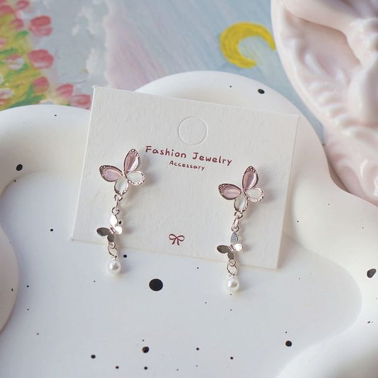 925 Clip-On Drop Sterling Pearl / Faux Silver Butterfly Earring