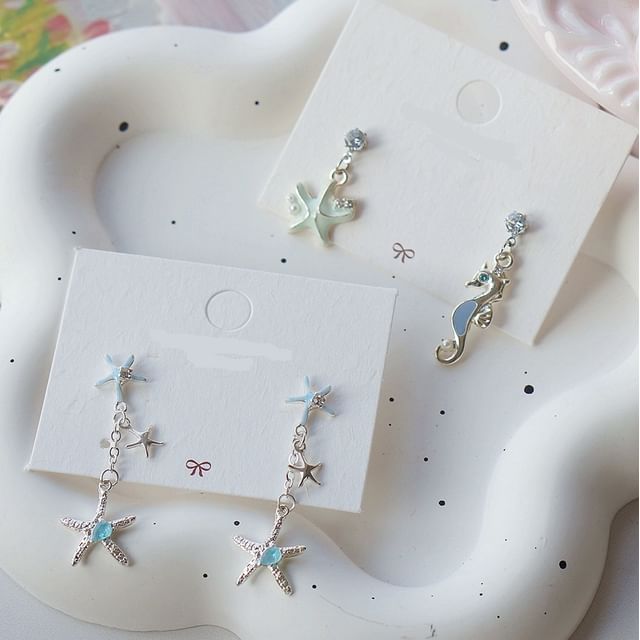 Sterling 925 Rhinestone Clip-On Earring / Starfish Drop Silver