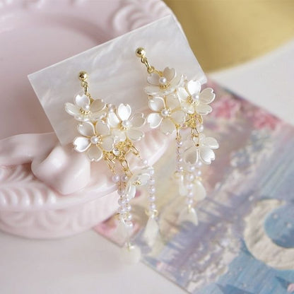 Silver Faux Drop Pearl Sterling Flower Clip-On Earring / 925