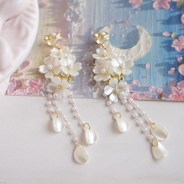 Silver Faux Drop Pearl Sterling Flower Clip-On Earring / 925