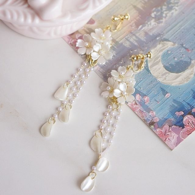 Silver Faux Drop Pearl Sterling Flower Clip-On Earring / 925