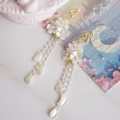 Silver Faux Drop Pearl Sterling Flower Clip-On Earring / 925