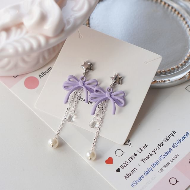 925 Bow Earring Silver Pearl Drop Faux Sterling Clip-On /