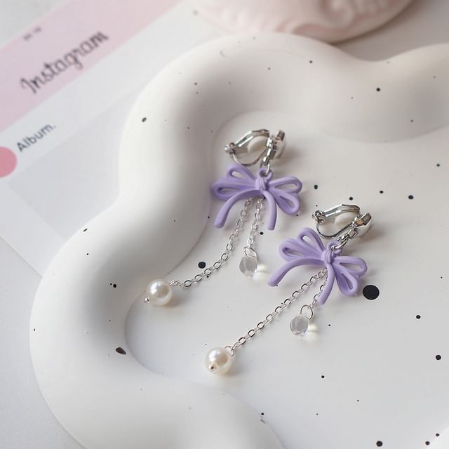 925 Bow Earring Silver Pearl Drop Faux Sterling Clip-On /