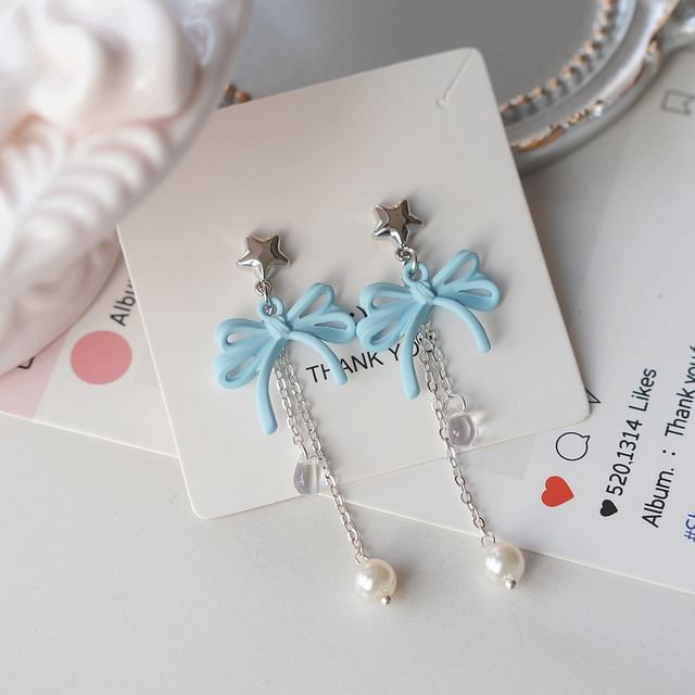 925 Bow Earring Silver Pearl Drop Faux Sterling Clip-On /