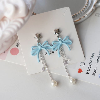 925 Bow Earring Silver Pearl Drop Faux Sterling Clip-On /