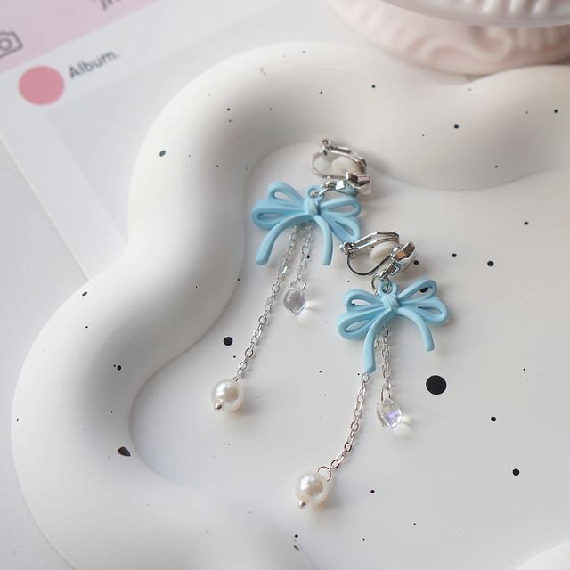 925 Bow Earring Silver Pearl Drop Faux Sterling Clip-On /