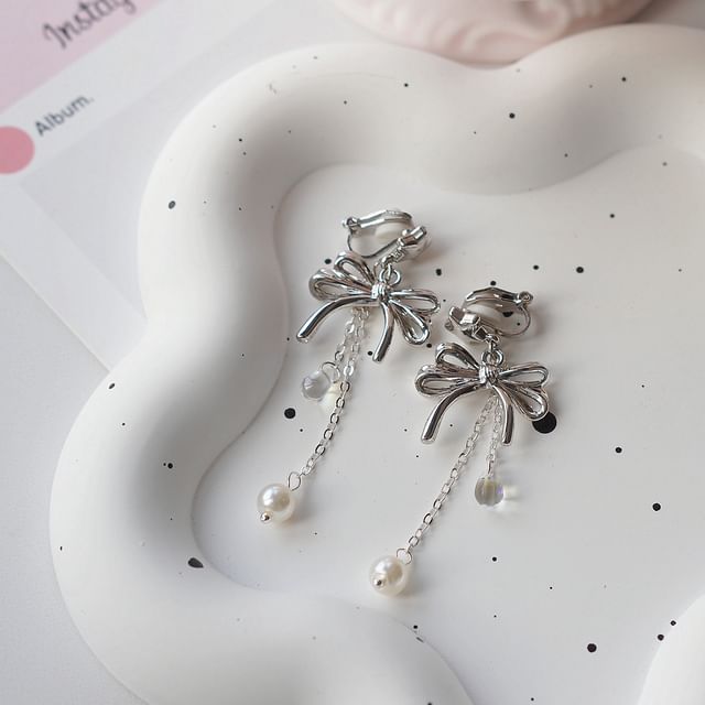 925 Bow Earring Silver Pearl Drop Faux Sterling Clip-On /