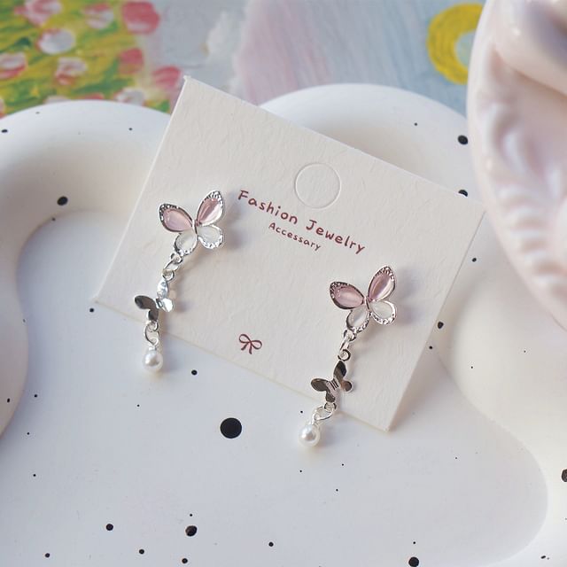 925 Clip-On Drop Sterling Pearl / Faux Silver Butterfly Earring
