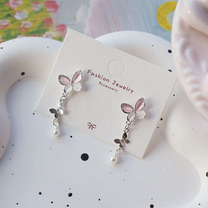 925 Clip-On Drop Sterling Pearl / Faux Silver Butterfly Earring