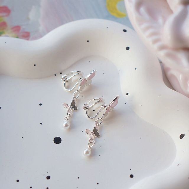 925 Clip-On Drop Sterling Pearl / Faux Silver Butterfly Earring