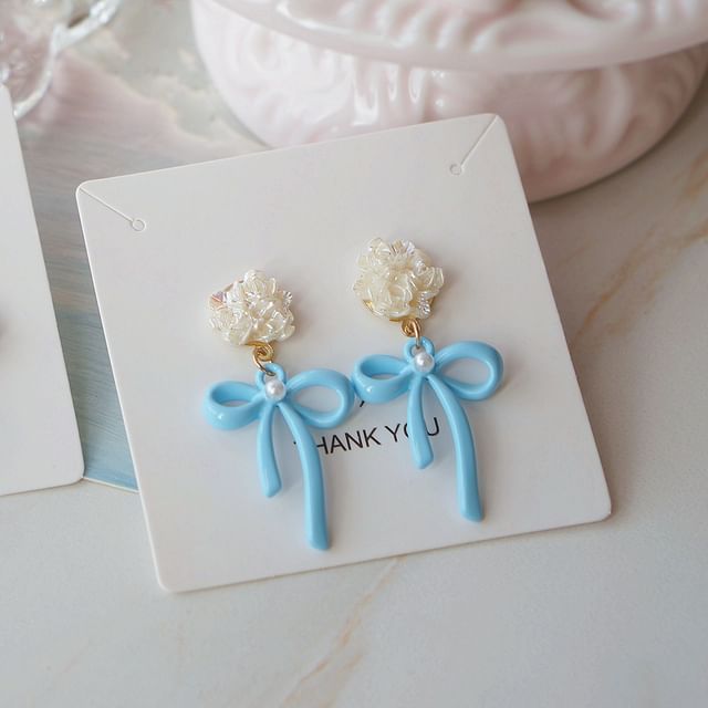 Earring Drop / Bow Silver Sterling Flower 925 Clip-On