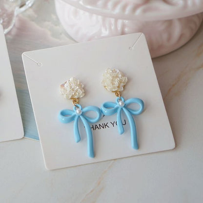 Earring Drop / Bow Silver Sterling Flower 925 Clip-On