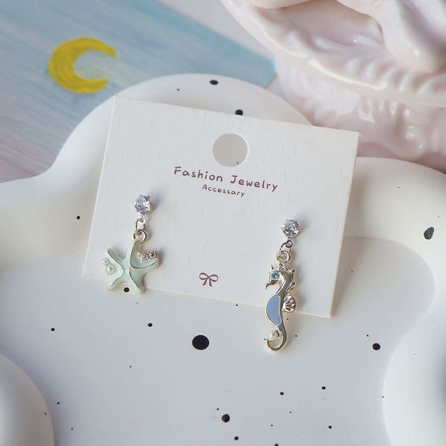 Sterling 925 Rhinestone Clip-On Earring / Starfish Drop Silver