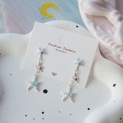 Sterling 925 Rhinestone Clip-On Earring / Starfish Drop Silver