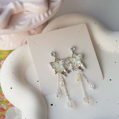 Earring Butterfly 925 Bead Drop Clip-On Sterling Silver /