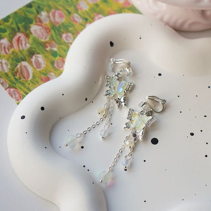 Earring Butterfly 925 Bead Drop Clip-On Sterling Silver /